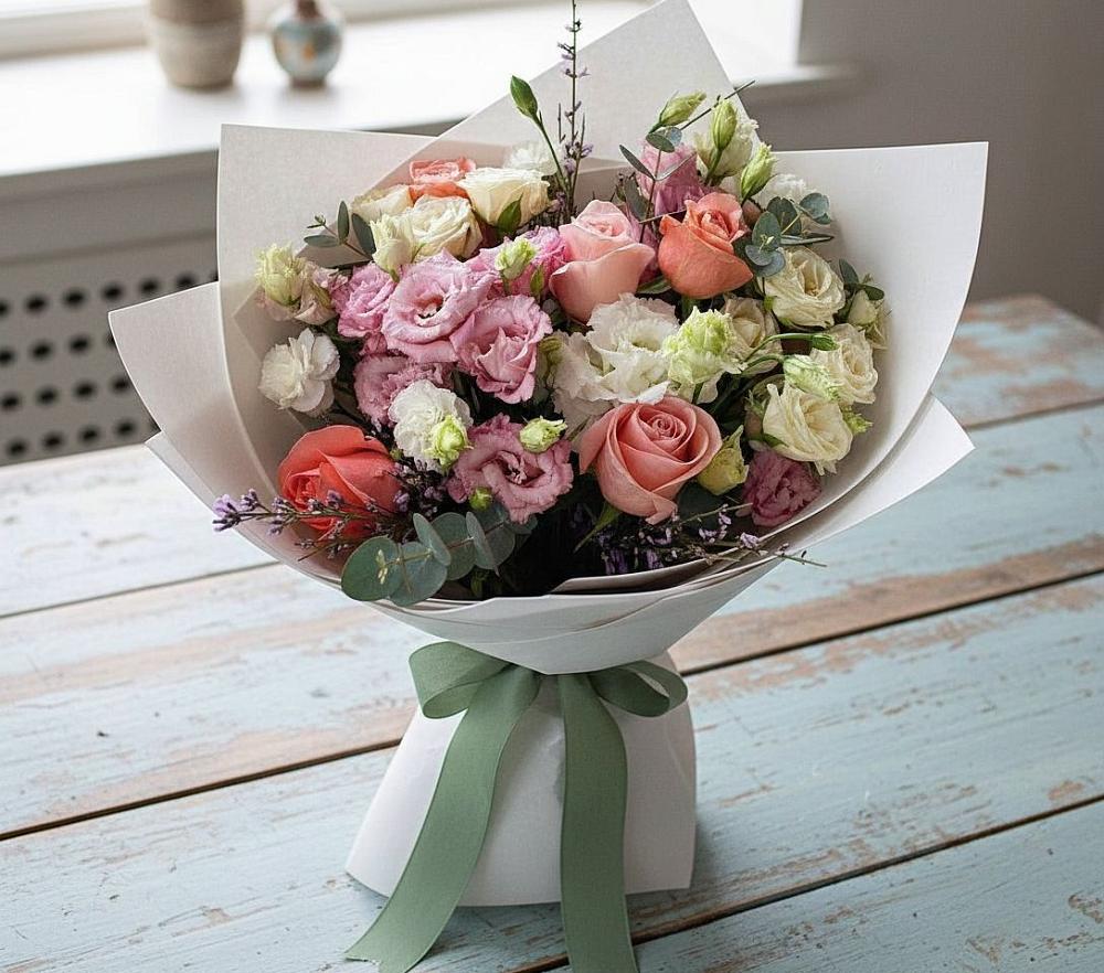 Букет цветов из: Розы, Лизиантусы и Гвоздики в Каа-Хеме