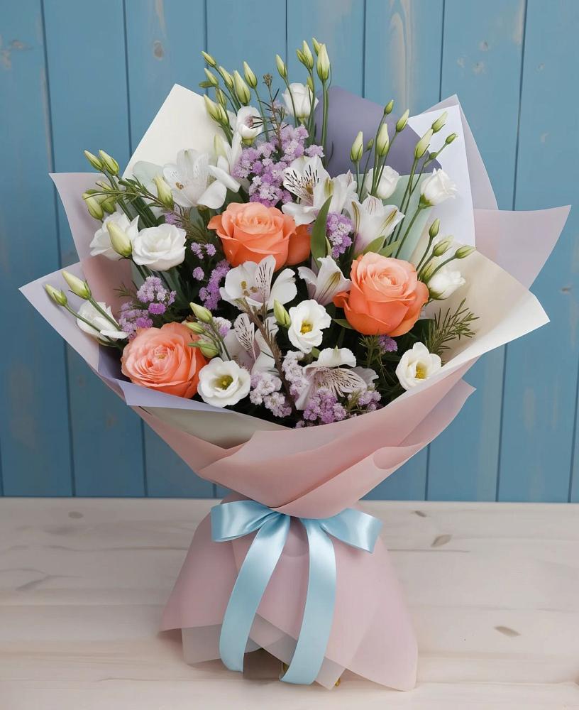 Букет цветов из: Лизиантусы, Розы, Альстромерии и Гипсофила в Каа-Хеме